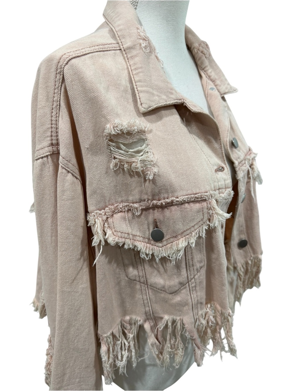 NWT POL Pink Fringe Distressed Crop Denim Jacket - Picture 8 of 16